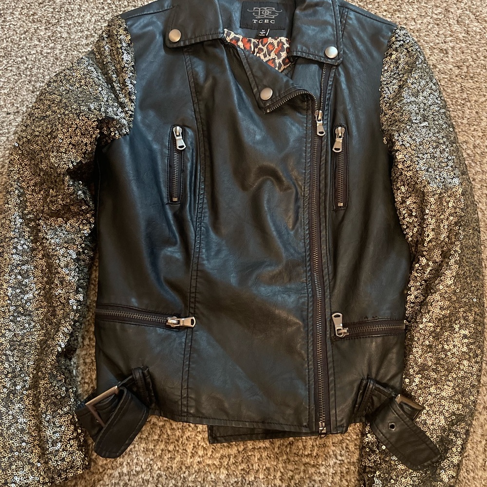 Sequin Sleeve Leatherette Jacket - image 5